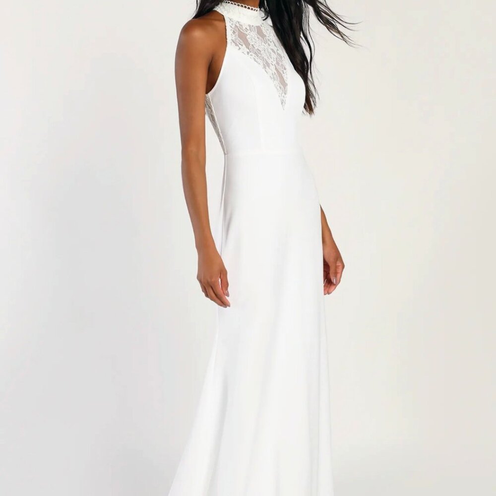 Lulus Cherished Love Story White Lace Halter Mermaid Maxi Dress - Size S